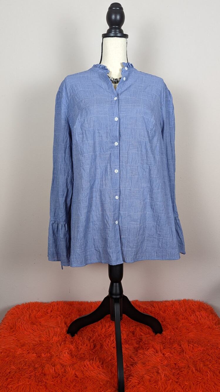 NWT Ava & Viv Chambray Grid Ruffle Neck Tie Cuff Long Sleeve Button Down Top 1X